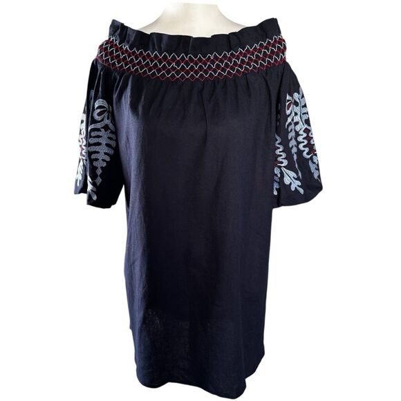 Rebellion Navy Blue Embroidered Off-Shoulder Mini Dress | EUC | S - Picture 1 of 9